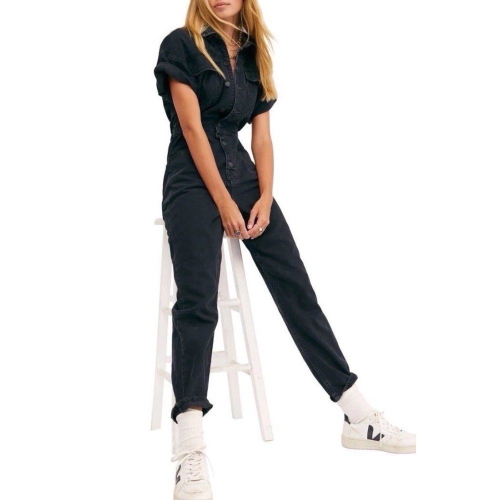 We The Free Free People Marci Denim Jumpsuit Black  Medium boho‎ utility chic
